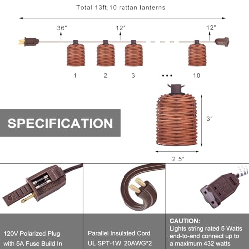 Rustic Lantern String Light, Natural Handwoven Rattan Cage, Plug in & Connectable Lights- Oven Brown Wicker - color: Oven Brown Rattam