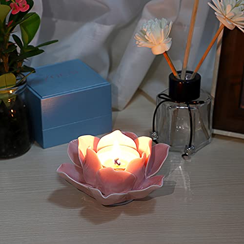 OwnMy 4.5 Inch Ceramic Lotus Flower Tea Light Holder Votive Candle Holder - color: Pink