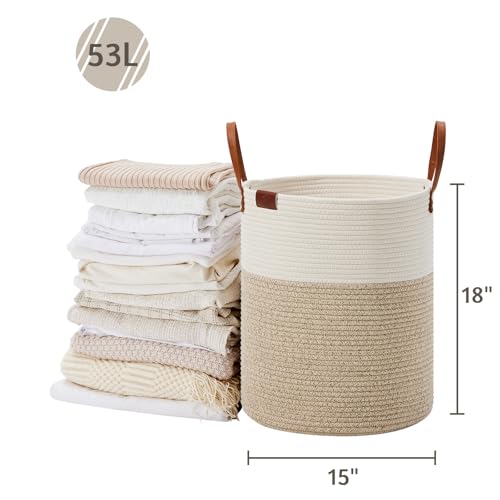 VIPOSCO 53L Tall Woven Rope Laundry Hamper, Leather Handles, White & Brown - color: Brown, size: 53L