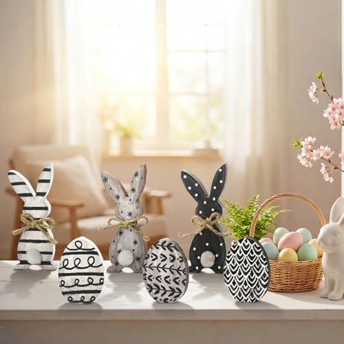 Smile Wooden Easter Block Decor Set - 6-Piece Rustic Bunny & Egg Design Tabletop Blocks, Farmhouse Style Shelf Accents for Spring Holiday Home Decoration