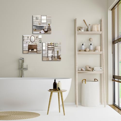 Visual Art Decor Bathroom wall Art Farmhouse Bathroom Decor Painting, Framed Canvas Wall Art 12x12inchx3Pieces (Brown) - color: Brown