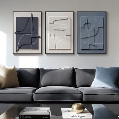 3D Textured Framed Blue and White Abstract Wall Art Set, 3 Piece, 16x24 In - color: Blue and White, size: 16"w X 24"h X 3pcs