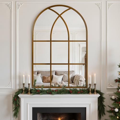 Arched Window pane Wall Mirror 30"x40", Window Shaped Farmhouse Style with Aluminum Frame, Decorative Wall Mirror Leaning Hanging for Living Room, Courtyard, Bedroom, Entryway, Bronze - color: Bronze, size: 40"L x 30"W