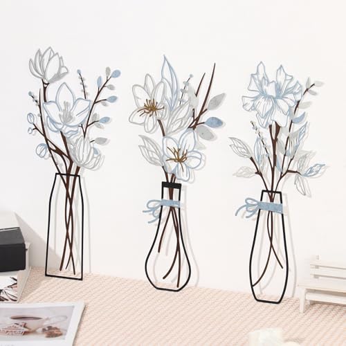 3 Pieces Metal Flowers Wall Art for Bathroom (Blue Brown) - color: Blue Brown