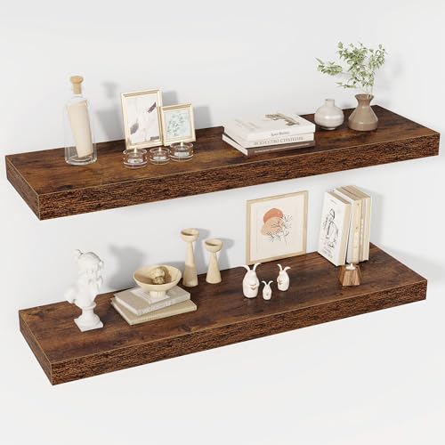 Acovy 40 Inch Floating Shelves, 12" Deep Floating Shelf Wall Mounted, 40" Wall Shelves, Rustic Deep Bookshelf, Extra Deeper & Thicker Display Shelves for Bedroom, Living Room, Brown, Set of 2 - color: Brown, size: 12"Wx40"L-2pcs