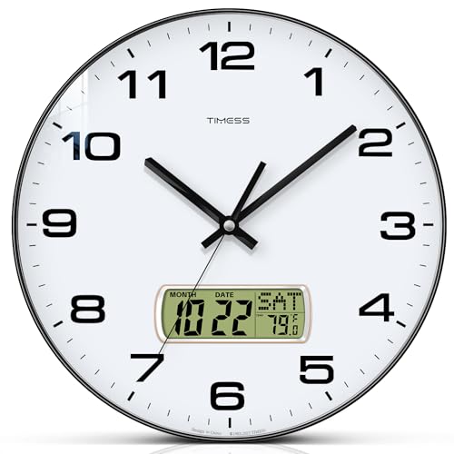 TIMESS Wall Clock, 10" Dial Non-Ticking Silent Battery Operated Analog with LCD Display for Perpetual Calendar and F° Temperature, Ideal Modern Home, Bedroom, Kitchen, Office Decor (Black) - color: Black, size: 10 Inch