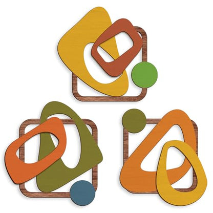 Pigort 3 Pcs Wooden Abstract Wall Art Mid Century Modern Wall Art 3D Modern Elegance Wall Decor Geometric Wall Decoration for Home Living Room Office 12.2x13inch