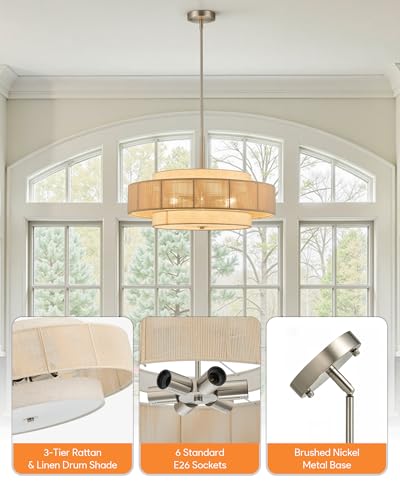 VONLUCE 23.6" Boho Rattan Chandelier, 6-Light Rattan Ceiling Light Fixture - color: Brushed Nickel, size: 24inch