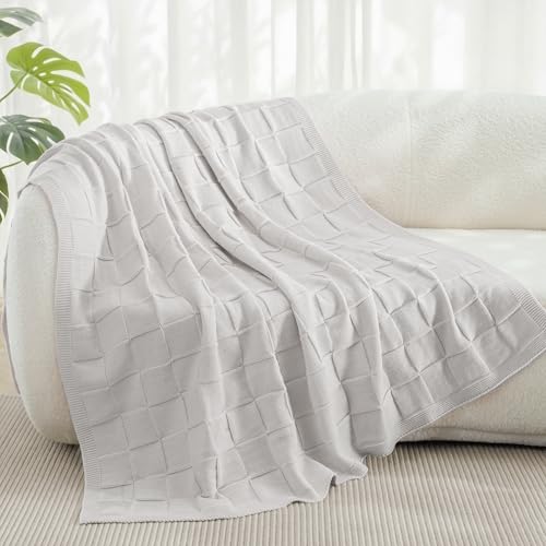 Whale Flotilla Checkered Knit Throw Blanket for Couch, Light Grey - color: Light Grey, size: 50x60 Inch