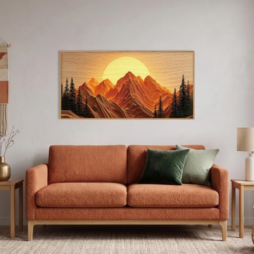 Celestdeco Large Boho Golden Mountain Framed Canvas Wall Art Set-40"x20"x1 | Abstract Ridge Landscape Wall Decor,Brown Sunset Art Prints,Natural Pine Tree Scenery Artwork for Living Room,Bedroom,Office - color: Sun Mountain Wall Art, size: 40"L x 20"W