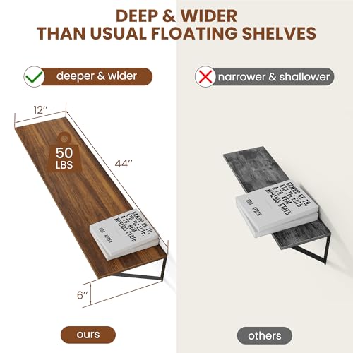 Heimlove 44W x 12D Deep Floating Shelves Set of 2 Walnut - color: Walnut With Black Metal Bracket, size: 44Wx12Dx5.8H