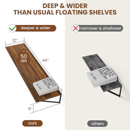 Heimlove 44W x 12D Deep Floating Shelves Set of 2 Walnut - color: Walnut With Black Metal Bracket, size: 44Wx12Dx5.8H