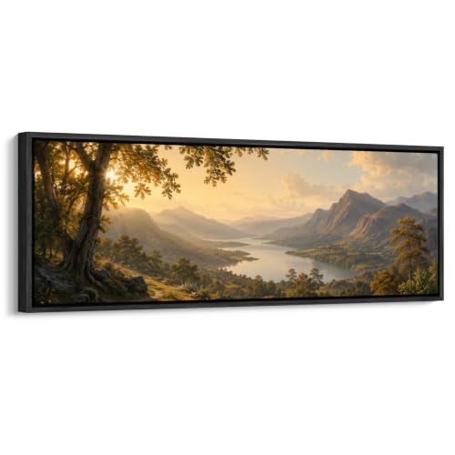 wall26 Large Framed Wall Art Canvas Print - Golden Hour Mountain Lake Sunset Landscape - Contemporary Artwork for Living Room Bedroom Office - 60"x20" Black - color: A07-2607-ANG14, size: 60"L x 20"W, style: Black Frame