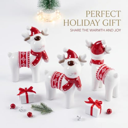 Christmas Decor Reindeer Deer Decor Ceramic Figurine White Glazed Deer Figurine with Santa Hat Scarf Knit Blanket for Tabletop Mantel Shelf Christmas Decorations Indoor