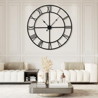 60 Inch Large Silent Wall Clock, Easy Assembly Roman Numeral Black - color: Black Metal Wall Clock, size: 60inch