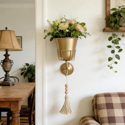 Gold Metal Wall Mounted Flower Vase for Faux & Fresh-Cut Flowers