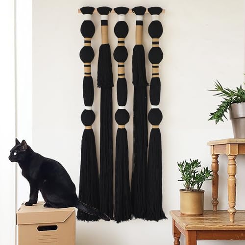 Macrame Wall Hanging Black Spherical Tassel Geometric Wall Art 15.7"W*39"L - color: Black1