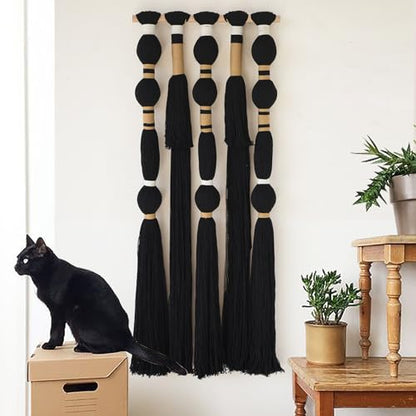 Macrame Wall Hanging Black Spherical Tassel Geometric Wall Art 15.7"W*39"L - color: Black1