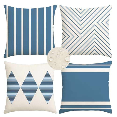 Outdoor Pillows Covers 18x18 Waterproof,Blue and Beige Set of 4(No Insert) - color: Blue and Beige, size: 18" x 18" (Pack of 4)