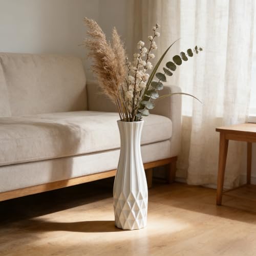 White Tall Ceramic Floor Vase, 17.7 Inch, Flared Geometric Design - color: Shape 2, size: 17.7 Inch