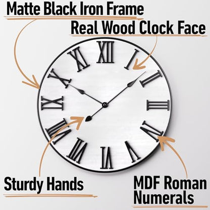 Large Wall Clock 24" Round, Silent Metal & Wood with Big 3D Roman Numerals - color: White