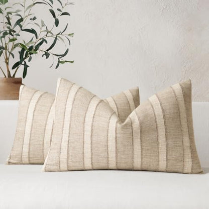 FIOUOVO Striped Lumbar Throw Pillow Covers 12x20 Set of 2, Natural Linen - color: Natural Linen, size: 20" x 12" (Pack of 2)