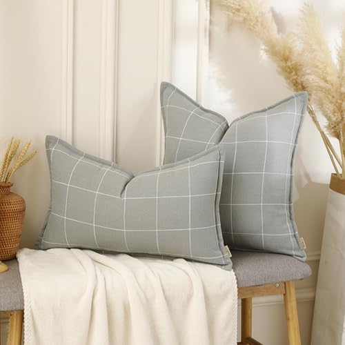 Pure Linen Plaid Throw Pillow Covers 18x18, Set of 2, Silver Gray - color: Silver Gray, size: 18x18inch