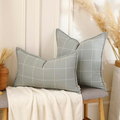 Pure Linen Plaid Throw Pillow Covers 18x18, Set of 2, Silver Gray - color: Silver Gray, size: 18x18inch
