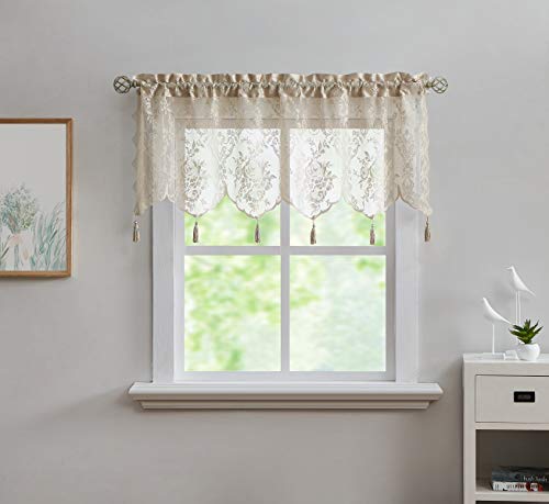 LinenZone 54x22 Linen Sheer Lace Valance with 6 Tassels. (Luna 54x22,Linen) - color: Linen, size: 54"W x 22"L (Pack of 1)