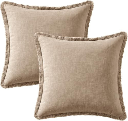 Linen Fringe Throw Pillow Covers 18x18 Inch Set of 2,Camel - color: Camel, size: 18" x 18" (Pack of 2)