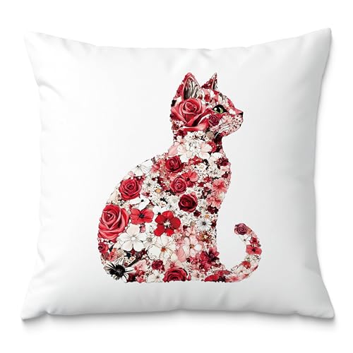 Red and White Floral Cat Pillow Covers 18x18, Gifts for Cat Lovers Mom Lady Owners, Elegant Kitten Kitty Decorative Pillow Covers for Home Bedroom Living Room Decor, Pet Lover Gifts - color: Style19