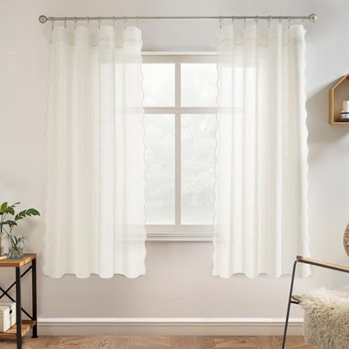 DriftAway Semi Sheer Scalloped Edge Linen Coastal Beach Window Curtains for Living Room Bedroom 2 Panels Rod Pocket Each Size 52 Inch by 63 Inch Taupe - color: Linen Taupe, size: 52"W x 63"L (Pack of 2)