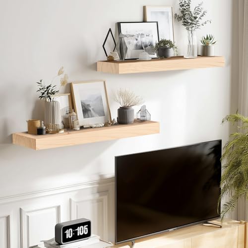 Solid Wood Floating Shelves, 17 Inch Wall Shelves, Set of 2, Wood - color: Wood, size: 17x8x1.6