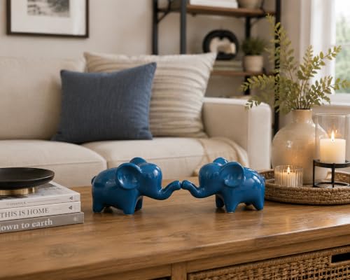 4 Inch Blue Ceramic Elephant Figurines Set of 2 - color: Blue