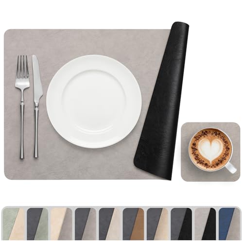 Vinyl Placemats Set of 4, Dual Sided Place Mats with Drink Coasters - color: Black/Light Gray Two-tone, size: Set of 4