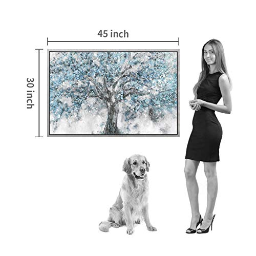 Abstract Blue Tree Canvas Wall Art, Modern Nature Picture, 45x30 Inches - color: Framed Blue Tree, size: 45"L x 30"W