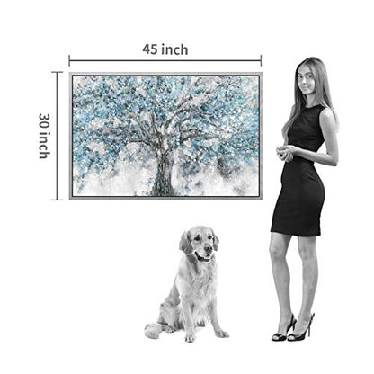 Abstract Blue Tree Canvas Wall Art, Modern Nature Picture, 45x30 Inches - color: Framed Blue Tree, size: 45"L x 30"W