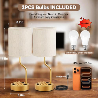Fenmzee Bedside Lamps for Bedroom Set - 18" Gold Table Lamp for Nightstand - color: Cream & Gold