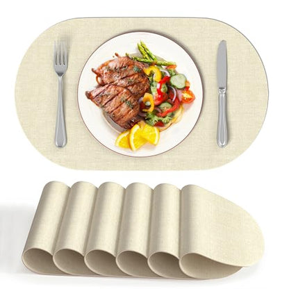 DOLOPL Oval Placemats Set of 6, Beige Faux Leather Place Mats, Large - color: Beige, size: Large: 13.8" x 21.6"