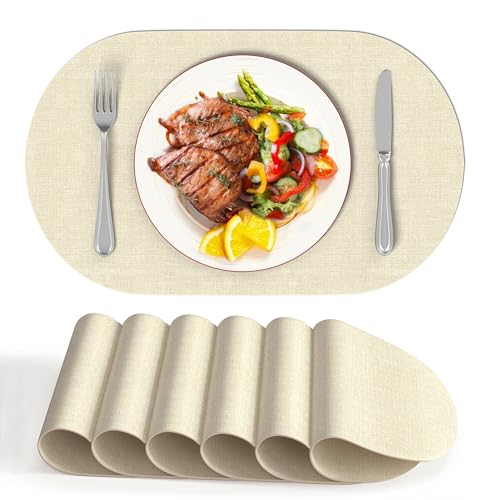 DOLOPL Oval Placemats Set of 6, Beige Faux Leather Table Place Mats - color: Beige, size: Medium: 11.8" x 17"