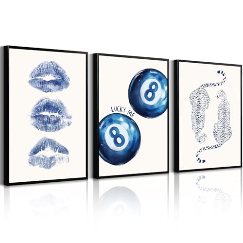 Leopard Wall Art Cheetah Canvas Prints Trendy 8 Ball Wall Decor Preppy Aesthetic Poster Lucky Leopard Pictures Funky Painting Navy Kiss Artwork for Bedroom Living Room 12x16 Inch Unframed Set of 3 - color: Blue 8 ball Prints, size: 12"x16" Unframed