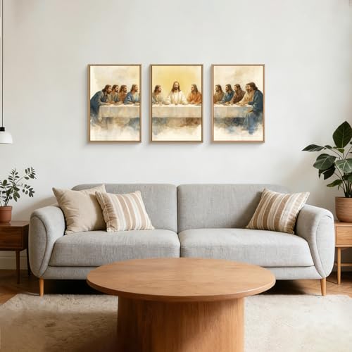 FWIEXA Jesus Last Supper Canvas Wall Art Set 3, Framed Easter Christian Decor Painting, Religious Boho Prints , Bible Watercolor Artwork, 24x36In Verse Scripture Pictures for Living Room,Bedroom,Prayer Room - color: Last Supper, size: 24"L x 36"W