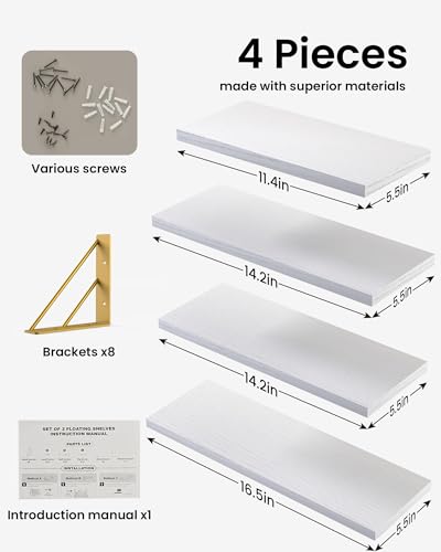 BAYKA Wall Mounted Floating Shelves (White and Gold, Set of 4, 16" Mixed) - color: B. White Board & Gold Brackets, size: 16 inches Mixed