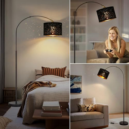 Dimmable Floor Lamp, Arc Floor Lamp with Adjustable Star Shade, Black - color: Black Base with Stars Shade