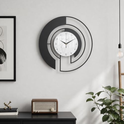 18-Inch Modern Black Metal Wall Clock, Marble Patterned Glass Dial - color: Black