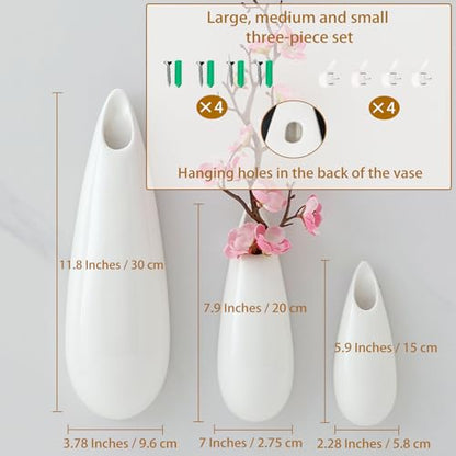 White Ceramic Wall Vases, Set of 2, 12 Inch, Teardrop Design - color: 3pcs-small&medium&large