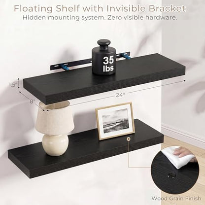 Vivelove Deep Floating Shelves 24 x 8 Inch, Black, Set of 2 - color: Black, size: 24"Wx8"Dx1.4"H
