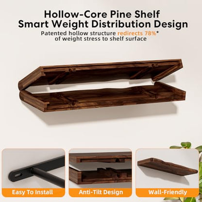 Walnut Finish Floating Shelves,Hidden Brackets,2-Pack,24 Inches Each