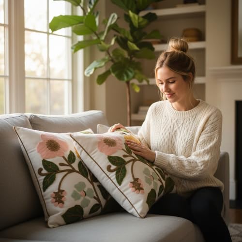 Embroidered Throw Pillow Covers 18x18 Pack of 2 Pink Yellow Flower - color: Yellow and Pink Flowers
