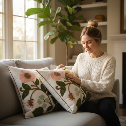 Embroidered Throw Pillow Covers 18x18 Pack of 2 Pink Yellow Flower - color: Yellow and Pink Flowers